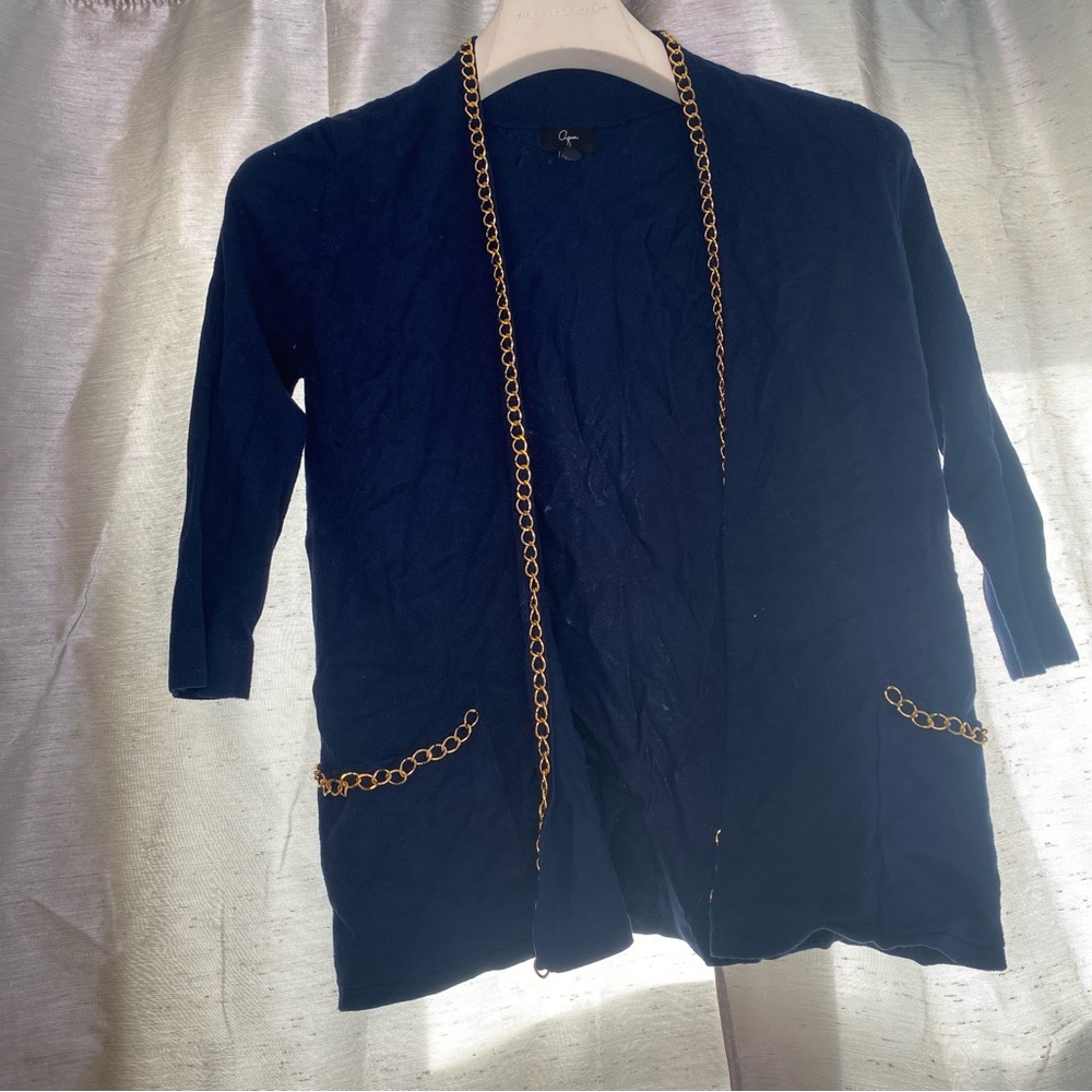 Aqua Navy Cardigan Gold Chain Accent Front Pocket Sweater Women’s Size S